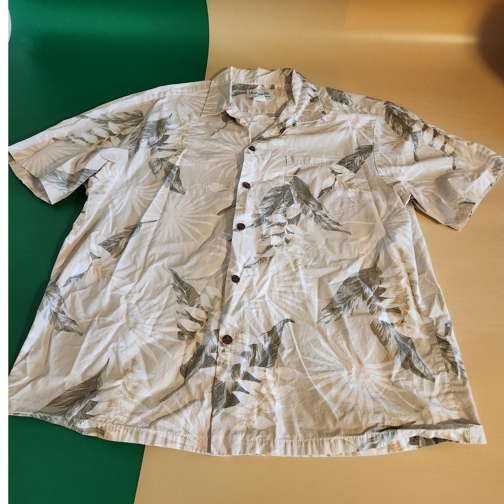 Bishop St. Apparel Hawaiian Mens 2XL Tan Tropical Leaf Made in Hawaii‎ Cotton